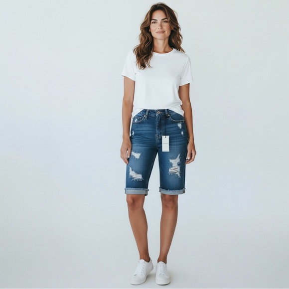 Judy Blue Pants - Judy Blue Small NWT Denim Bermuda Shorts High Waist Women’s Distressed JB150045